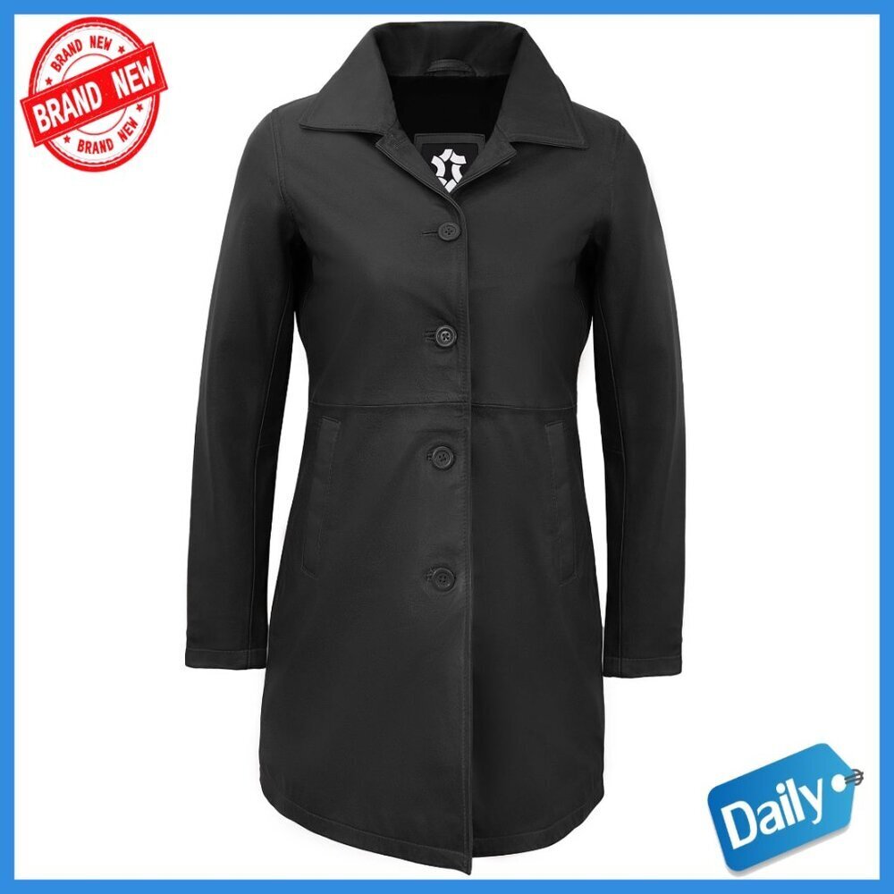 Real Lambskin Leather Coat Women's 3/4 Length Button Closure Classic Style